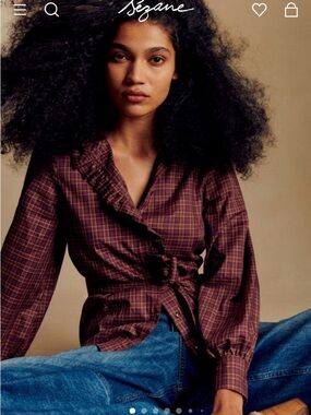 Sezane - Corine Shirt - Burgundy Violet Ecru Checks - Size 4 / 36